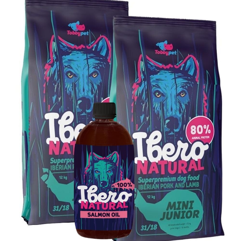 Pakiet dla szczeniąt ras małych i miniaturowych: Ibero Natural Mini Junior 2×3 kg+Ibero Natural Olej z łososia tłoczony na zimno 1000 ml
