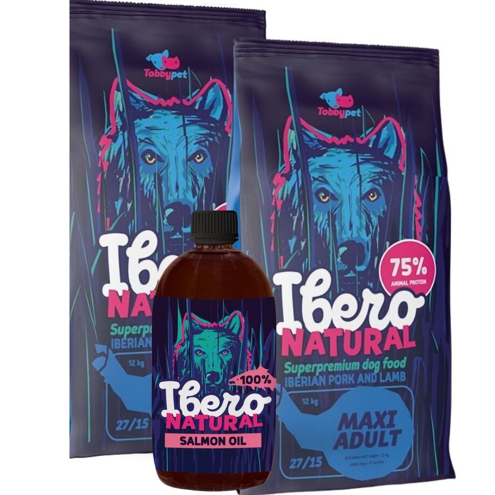 Pakiet dla dorosłych psów ras dużych: Ibero Natural Maxi Adult 2×3 kg + Ibero Natural Olej z łososia tłoczony na zimno 1000 ml