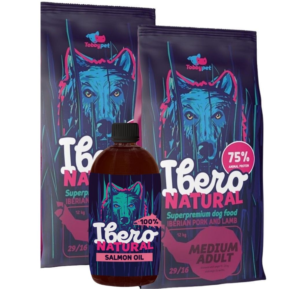Pakiet dla dorosłych psów ras średnich: Ibero Natural Medium Adult 2×3 kg + Ibero Natural Olej z łososia tłoczony na zimno 1000 ml