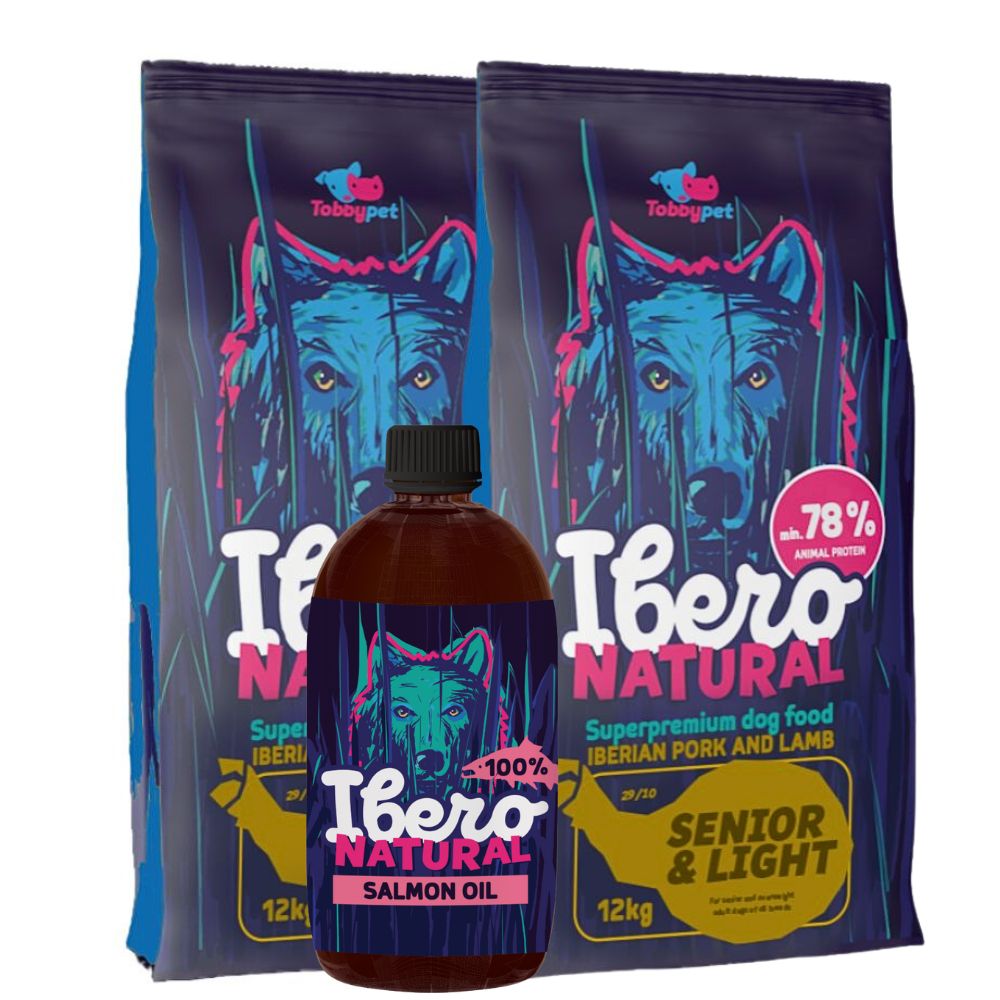 Pakiet dla psów starszych i z nadwagą: Ibero Natural Dog Senior&Light 2×3 kg + Ibero Natural Olej z łososia tłoczony na zimno 1000 ml