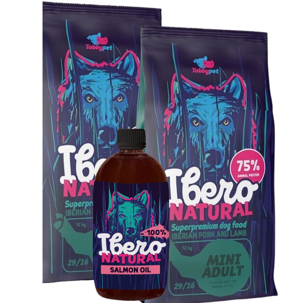 Pakiet dla dorosłych psów ras małych i miniaturowych: Ibero Natural Mini Adult 2×3 kg + Ibero Natural Olej z łososia tłoczony na zimno 1000 ml